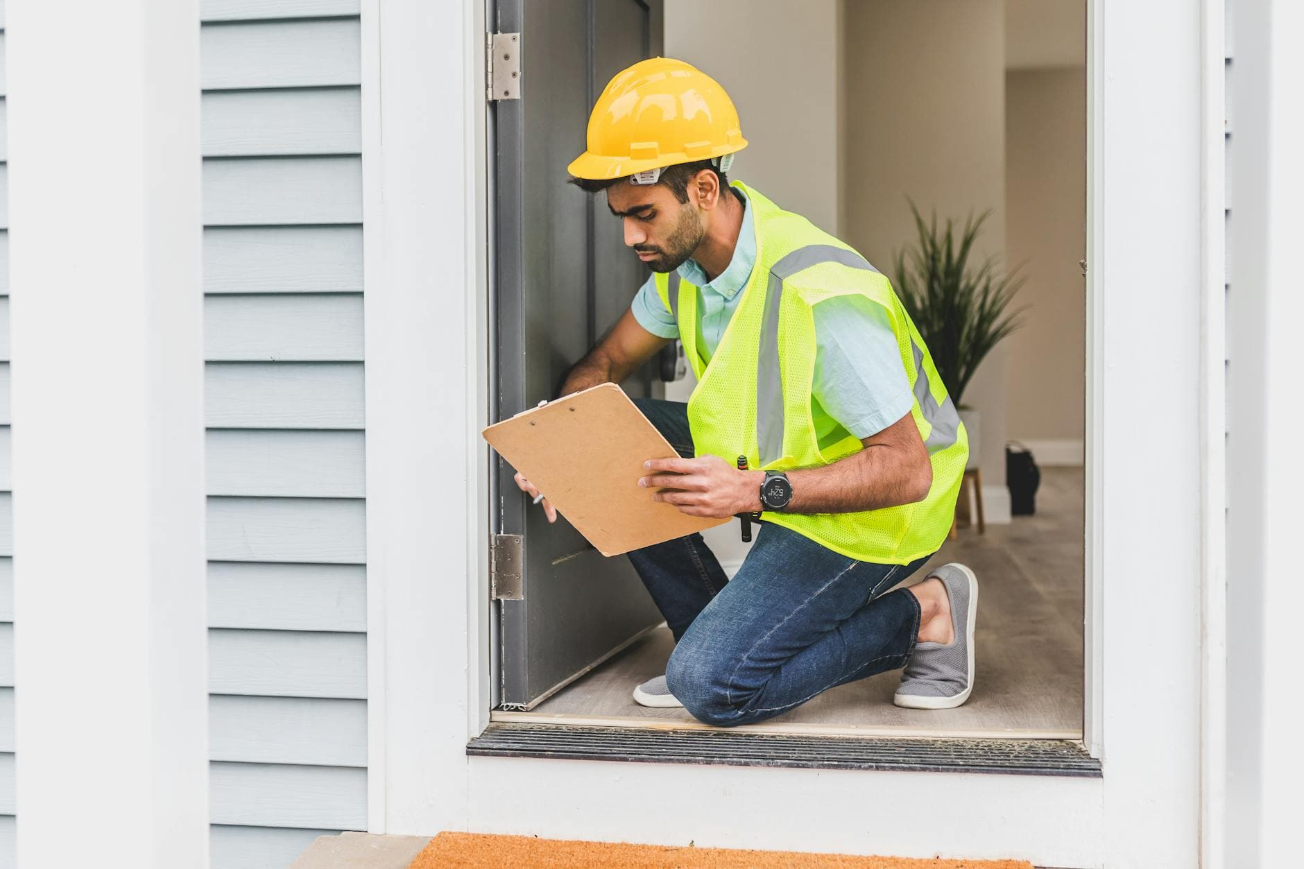 Home inspector in a safety vest reviewing a property