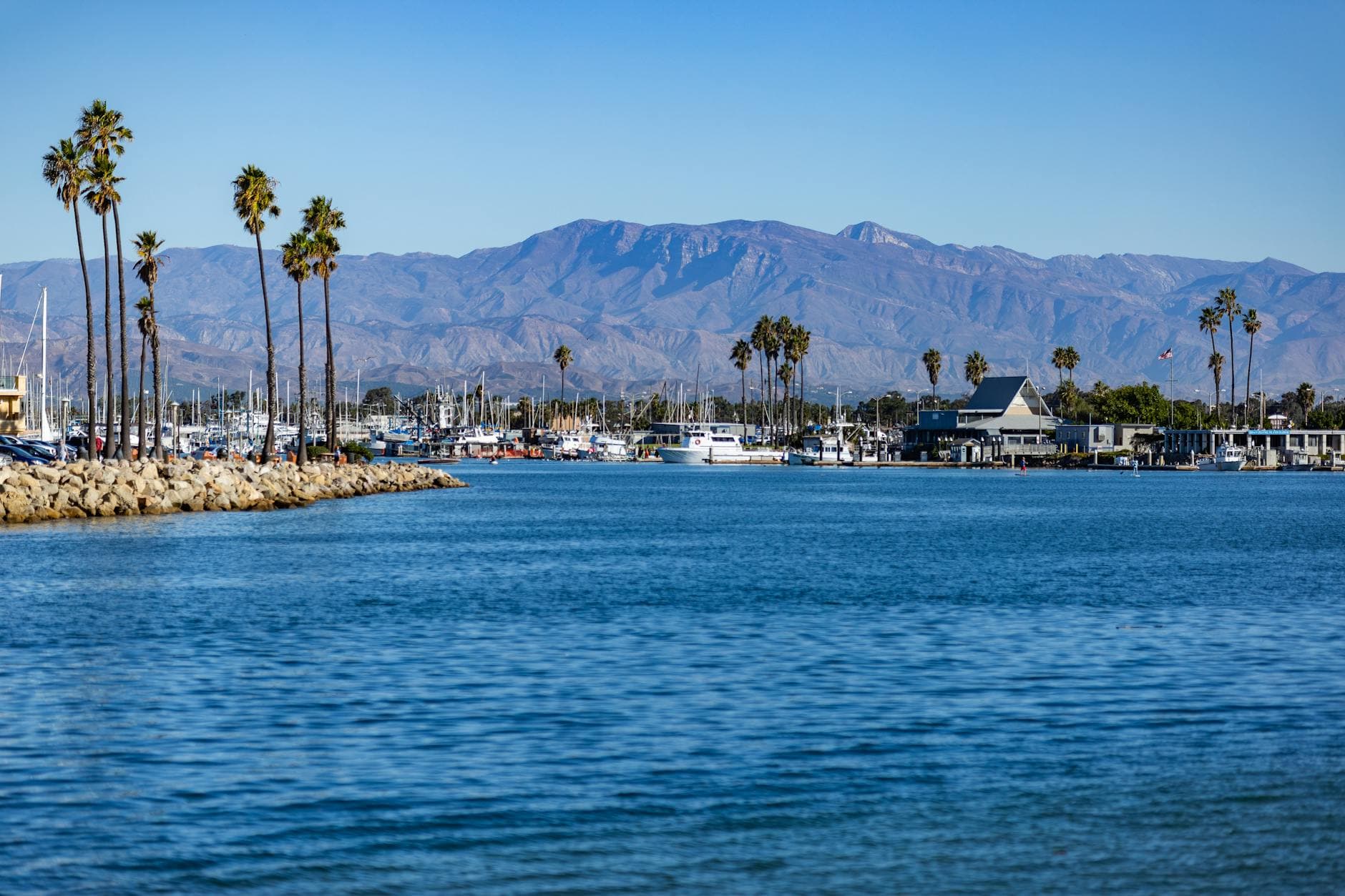 Palm trees and moored boats at the Oxnard harbour with the Ventura County mountains in the background