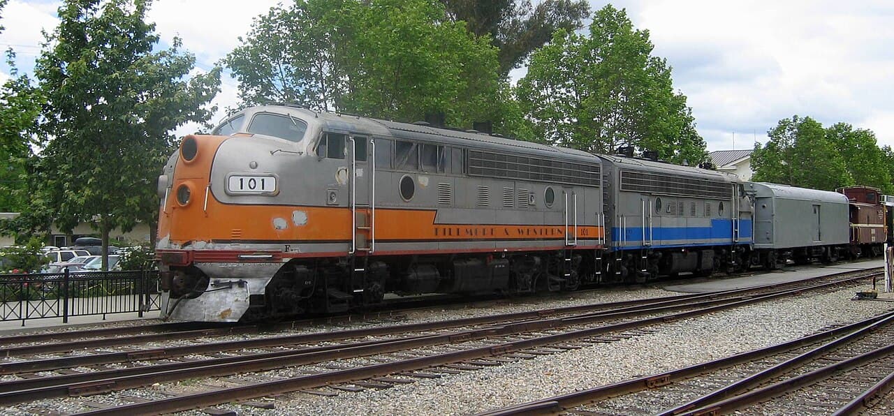 A vintage Fillmore & Western Railway locomotive in downtown Fillmore