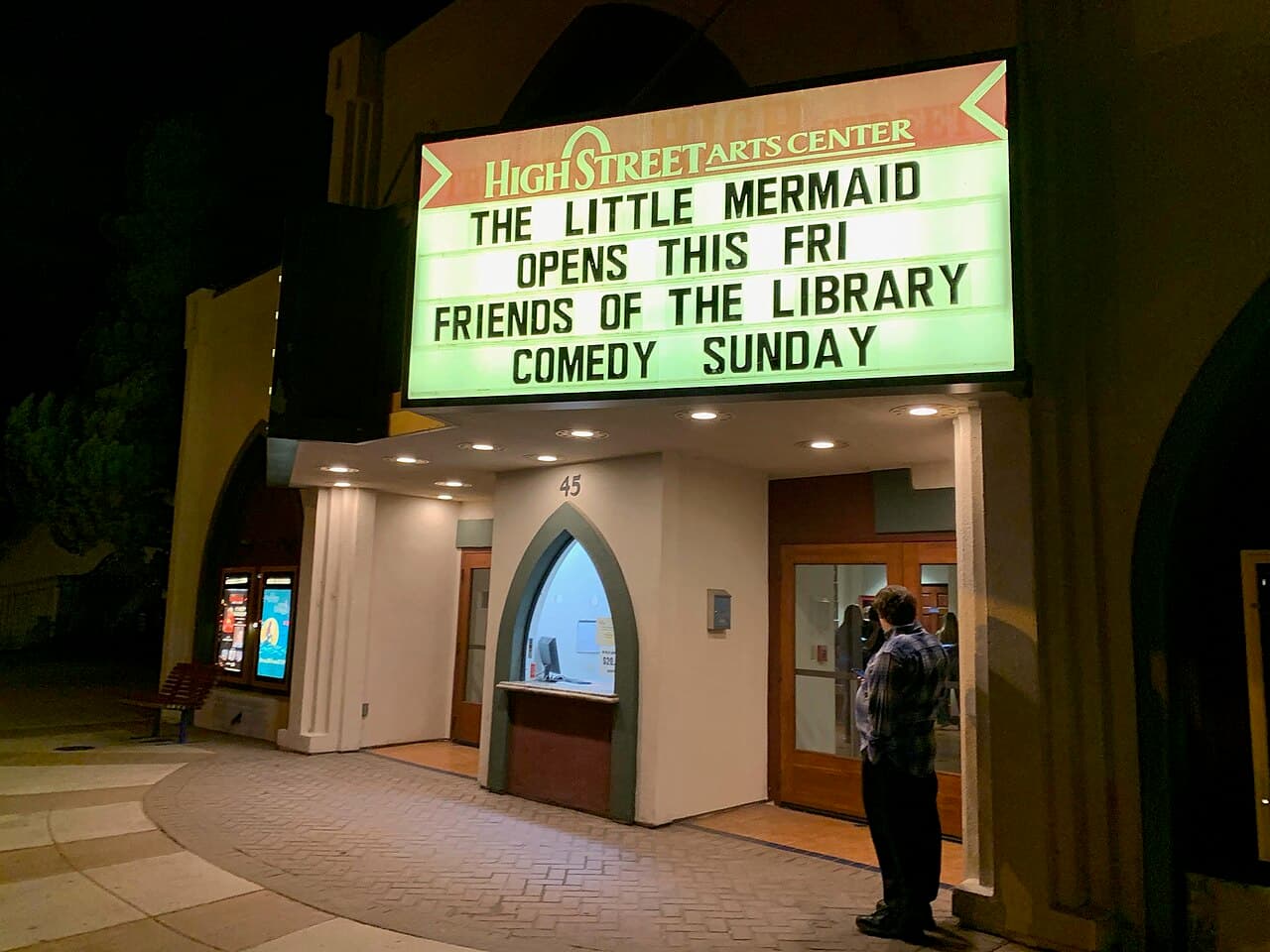 The historic High Street Arts Center in downtown Moorpark at night
