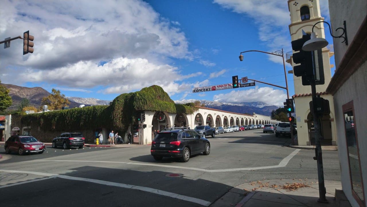 Downtown Ojai and its landmark arcade beneath the mountains