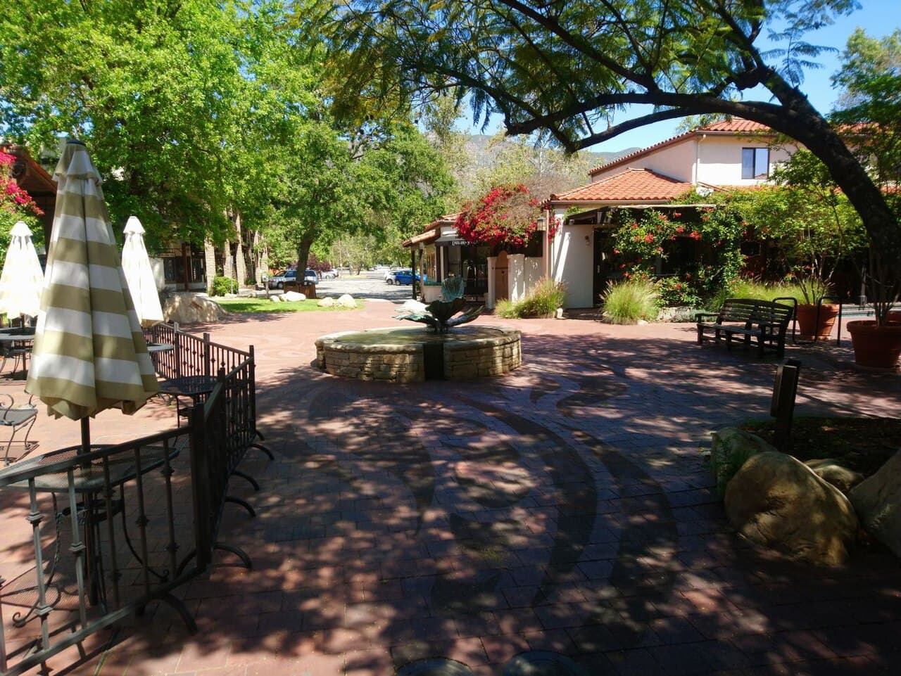 The shaded fountain courtyard in downtown Ojai
