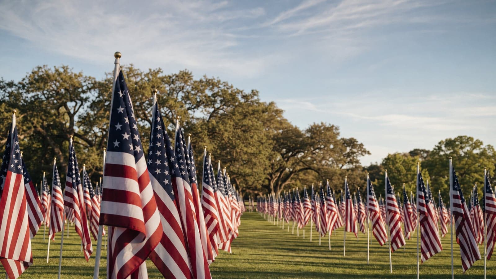 Rows of American flags planted on a sunlit Southern California park lawn beneath mature live oak trees, in tribute to fallen service members on Memorial Day