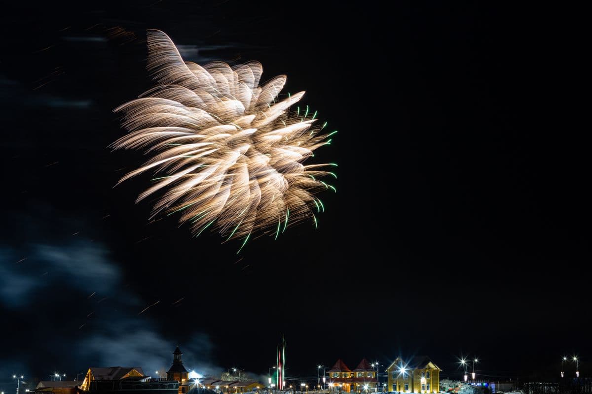 Fireworks lighting up the night sky over a town