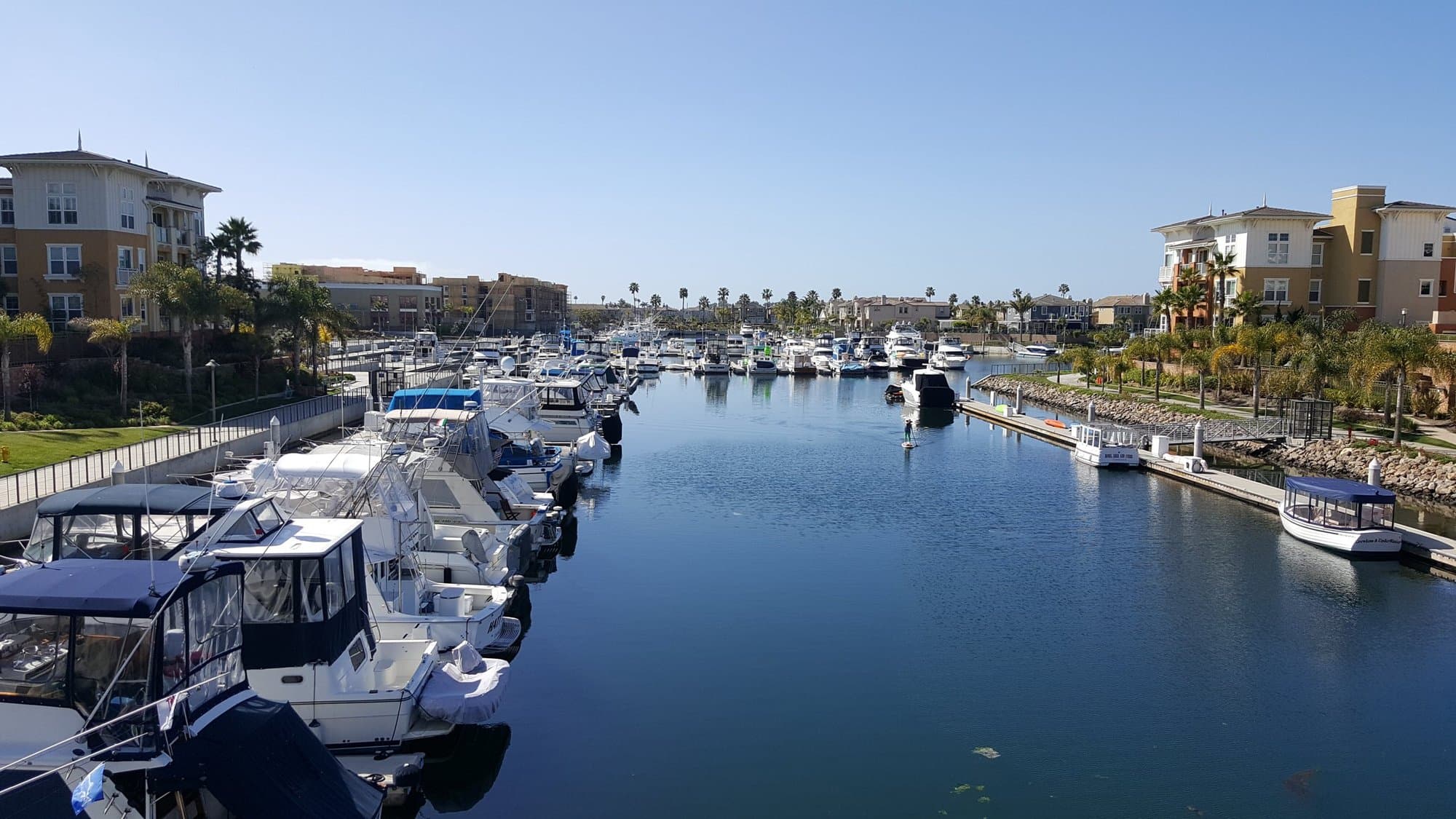 Boats docked along the Channel Islands Harbor marina in Oxnard, with palms and harborfront homes