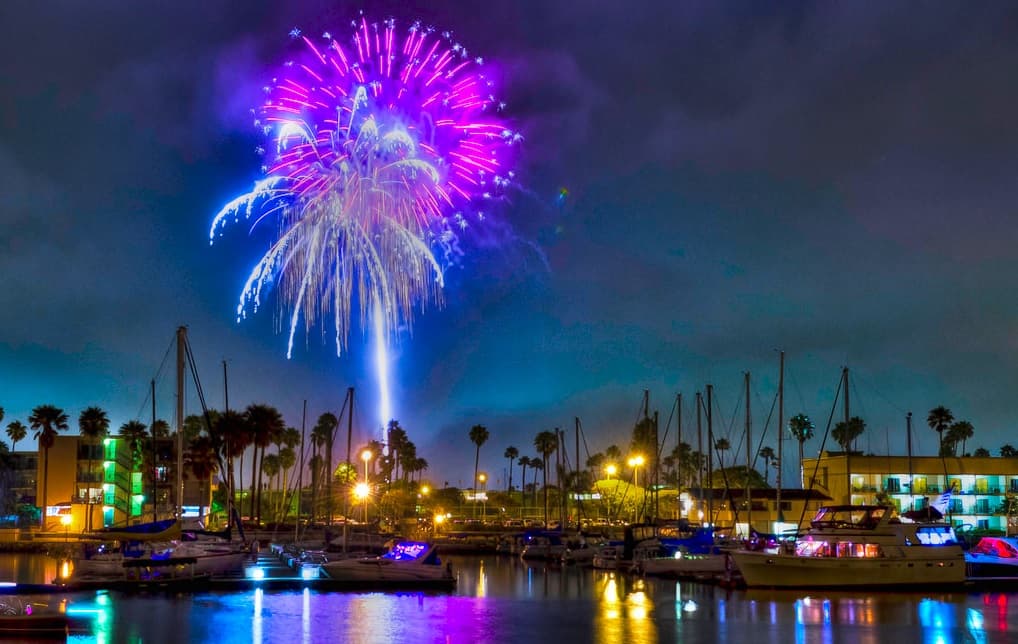 Fireworks bursting over the boats at Channel Islands Harbor in Oxnard on the Fourth of July