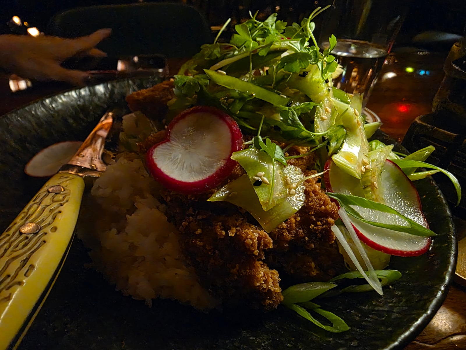 The Pork Tonkatsu at House of Bamboo, a panko-crusted fried pork chop served over steamed rice with Japanese curry, garnished with a celery and snap pea slaw, on a dark plate
